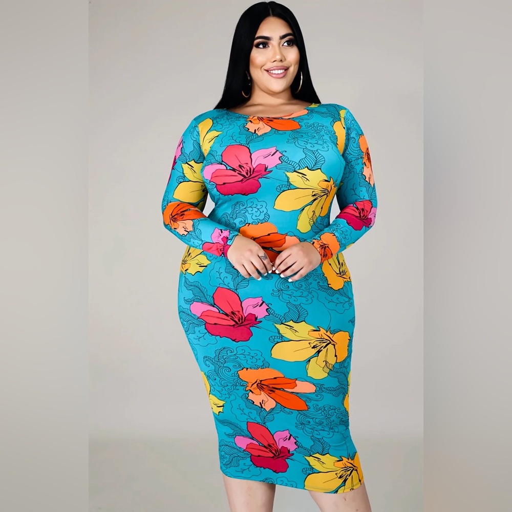 GitiOnline Plus Size Floral Flower Tropic Romance Midi Dress Teal